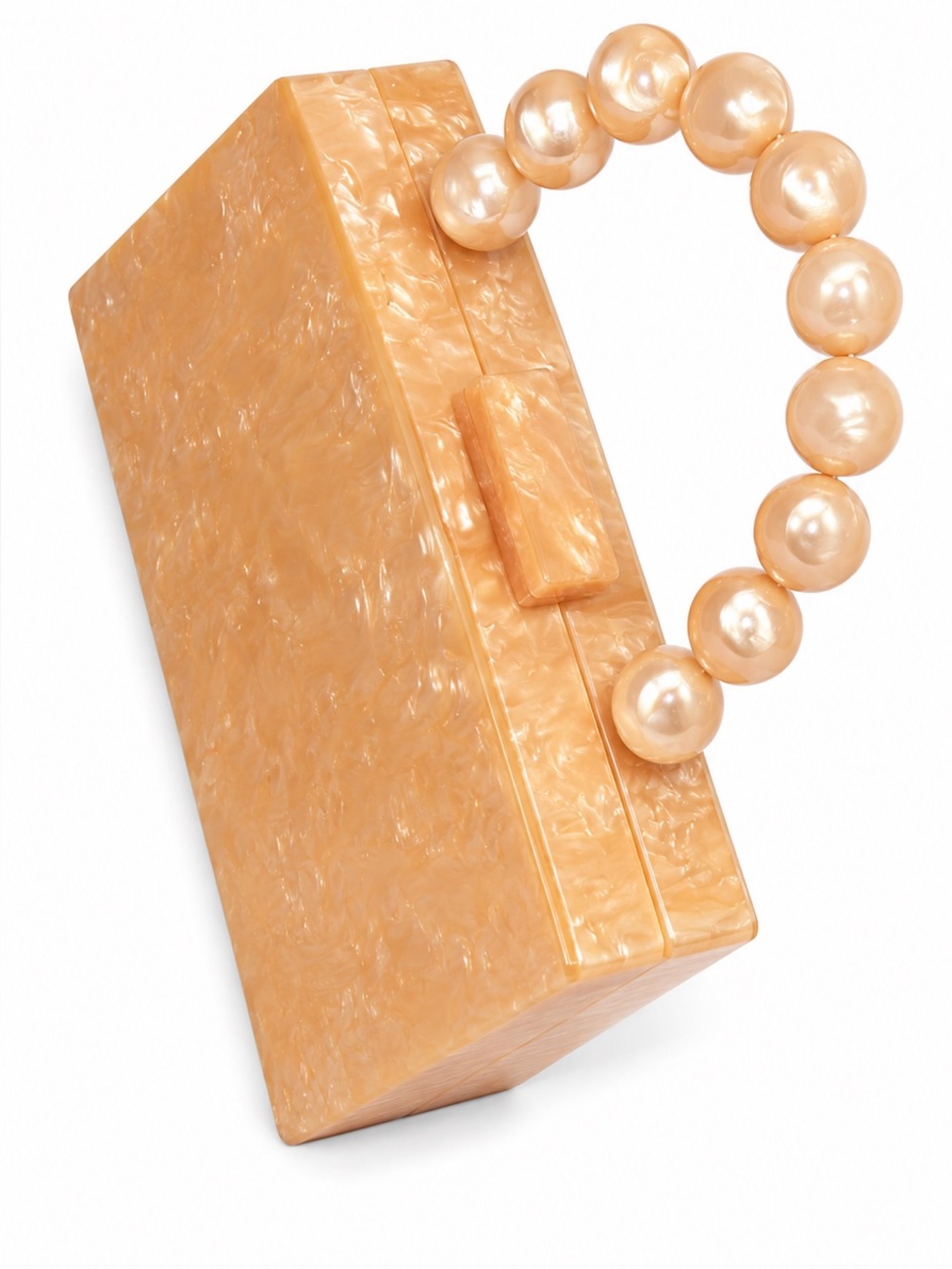 Pearl Bead Top Handle Resin Box Clutch in Peach